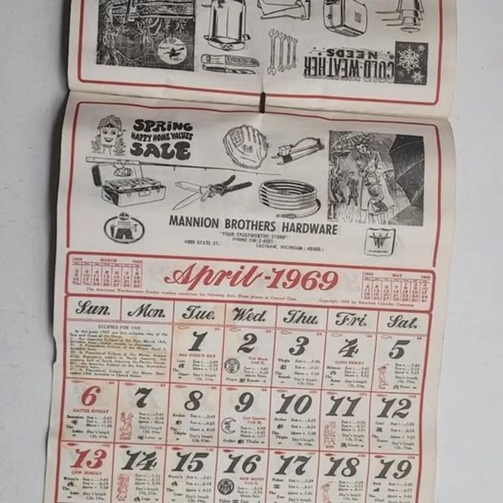 Vintage 1969 Mannion Brothers Hardware Calendar